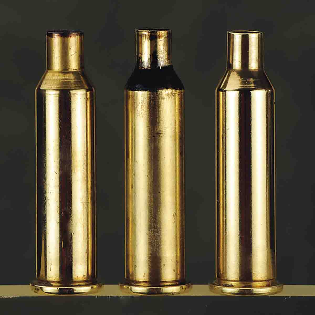 From left to right, a once-fired case, neck-sized only case and a ready for loading case.